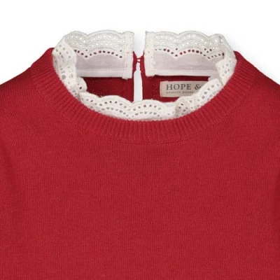 Hope & Henry Baby Girls' Lace Trim French Sweater, Infant In Red With White Eyelet Trim