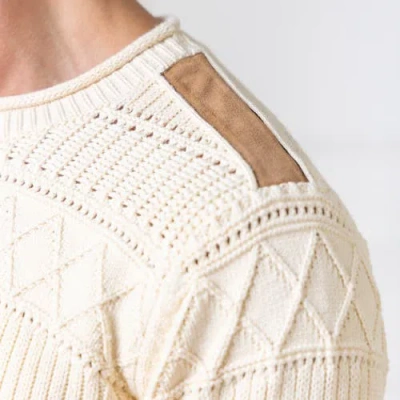 Hope & Henry Organic Cable Sweater With Suede Detail In Ivory Textured Cable Stripe