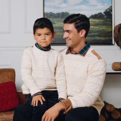 Hope & Henry Organic Cable Sweater With Suede Detail In Ivory Textured Cable Stripe