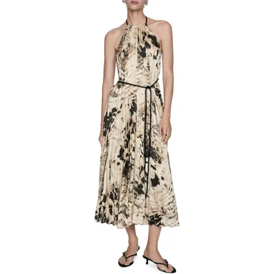 Mango Pleated Animal Print Dress Ecru In Ecru