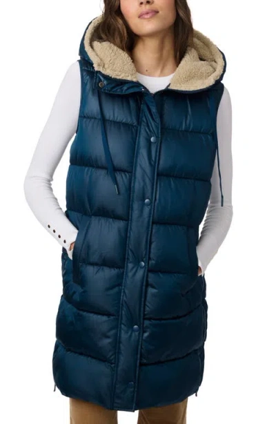 Shop Bernardo Shiny Horizontal Quilted Hooded Recycled Polyester Puffer Vest In Midnight Blue