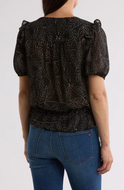 Pleione Puff Sleeve Peplum Top In Black Linear Leaf