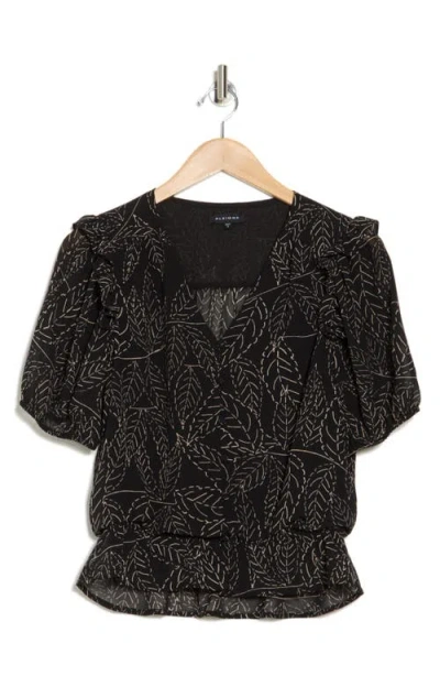 Pleione Puff Sleeve Peplum Top In Black Linear Leaf