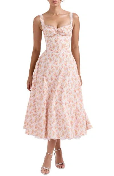 House Of Cb Womens Peach Poppy Rosalee Floral-print Bustier Stretch-cotton Midi Dress In Peached Poppy Print
