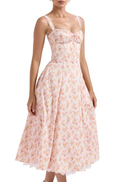 House Of Cb Womens Peach Poppy Rosalee Floral-print Bustier Stretch-cotton Midi Dress In Peached Poppy Print