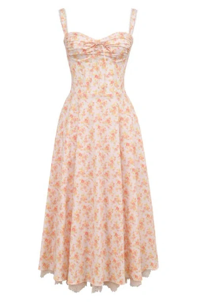 House Of Cb Womens Peach Poppy Rosalee Floral-print Bustier Stretch-cotton Midi Dress In Peached Poppy Print