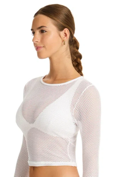 Sea Level Drift Mesh Cover-up Crop Top In White