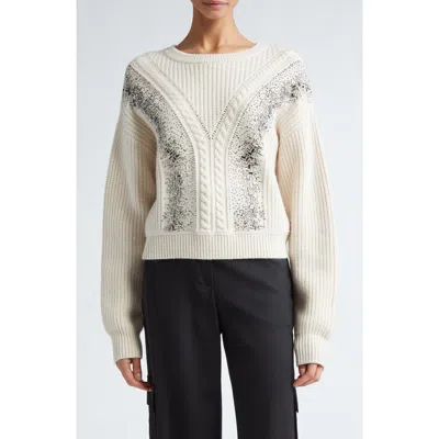 Shop Max Mara Lessy Crystal Embellished Cable Stitch Virgin Wool Sweater In Albino