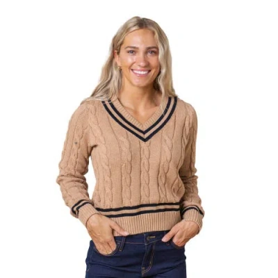 Hope & Henry Organic V-neck Cricket Sweater In Camel Heather With Black