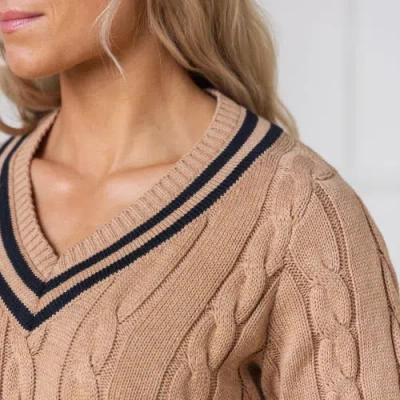 Hope & Henry Organic V-neck Cricket Sweater In Camel Heather With Black