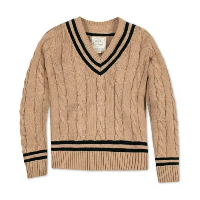 Hope & Henry Organic V-neck Cricket Sweater In Camel Heather With Black