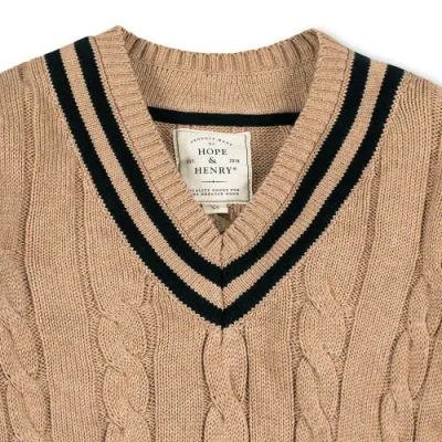 Hope & Henry Organic V-neck Cricket Sweater In Camel Heather With Black