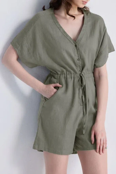 Reistor V Neck Drawstring Romper In Dark Green