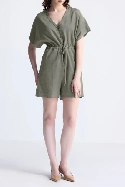 Reistor V Neck Drawstring Romper In Dark Green