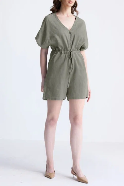 Reistor V Neck Drawstring Romper In Dark Green
