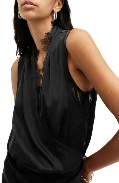 Allsaints Abi Lace Trim Gathered Asymmetric Dress In Black