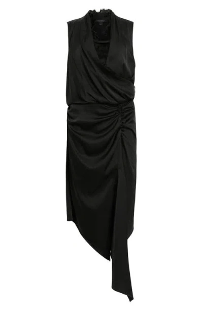 Allsaints Abi Lace Trim Gathered Asymmetric Dress In Black