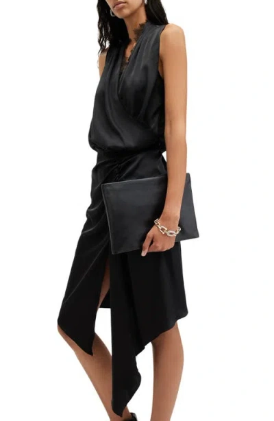Allsaints Abi Lace Trim Gathered Asymmetric Dress In Black