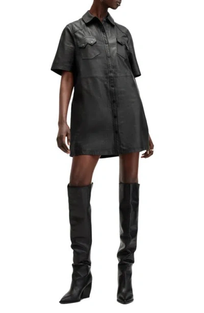 Allsaints Rock Western Leather Mini Shirtdress In Black