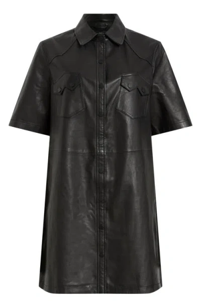 Allsaints Rock Western Leather Mini Shirtdress In Black