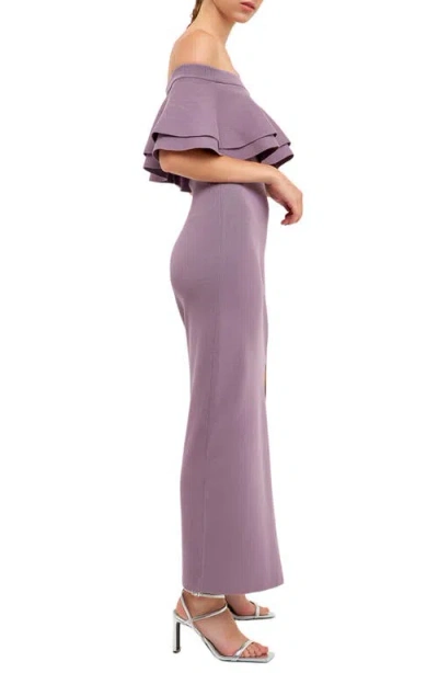 Endless Rose Women's Off The Shoulder Ruffle Maxi Dress With Leg Slit In Dusty Lavender