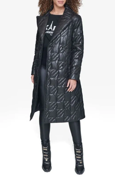 Karl Lagerfeld Paris Houndstooth Quilted Tie Belt Double Breasted Trench Coat In Black