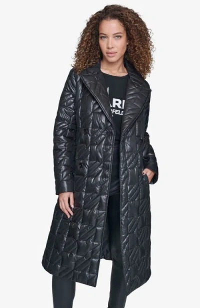 Karl Lagerfeld Paris Houndstooth Quilted Tie Belt Double Breasted Trench Coat In Black