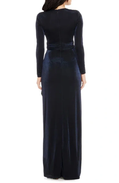 Dress The Population Shania Metallic Wrap Front Long Sleeve Gown In Navy Multi