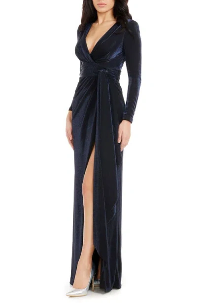 Dress The Population Shania Metallic Wrap Front Long Sleeve Gown In Navy Multi