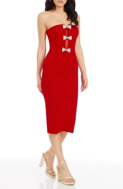 Dress The Population Erica Sequin Bow Strapless Cocktail Sheath Dress In Rouge-silver