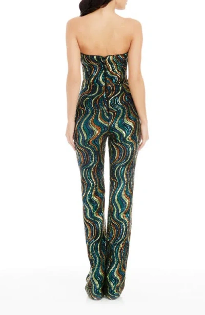 Dress The Population Andy Abstract Sequin Strapless Jumpsuit In Teal Multi