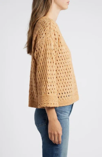 Shop Wit & Wisdom Open Stitch Three-quarter Sleeve Crewneck Sweater In Heather Sahara Sand