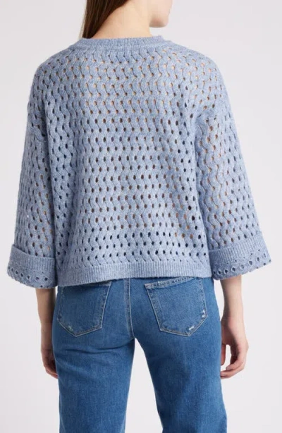 Wit & Wisdom Open Stitch Three-quarter Sleeve Crewneck Sweater In Heather Light Blue