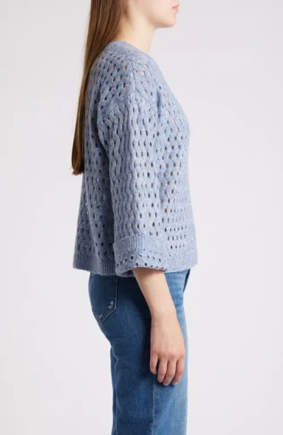 Wit & Wisdom Open Stitch Three-quarter Sleeve Crewneck Sweater In Heather Light Blue