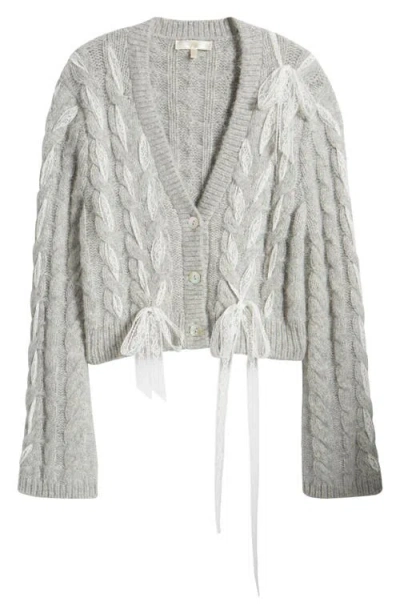 Shop Loveshackfancy Louella Cable Knit Cardigan In Silver Mist