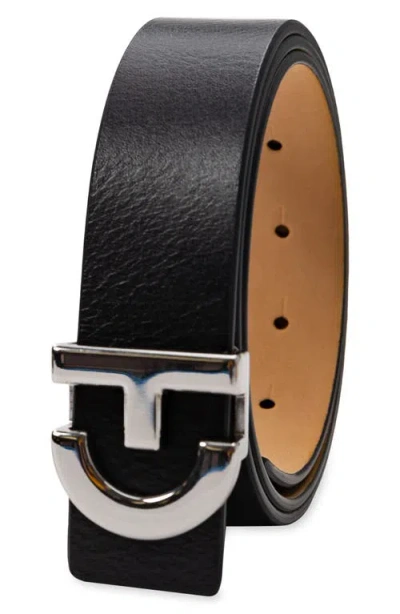 Cole Haan Logo Plaque Leather Belt In Black