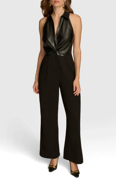 Shop Donna Karan New York Sleeveless Faux Leather Wide Leg Jumpsuit In Black/ Black