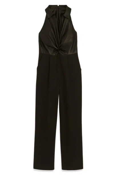 Shop Donna Karan New York Sleeveless Faux Leather Wide Leg Jumpsuit In Black/ Black