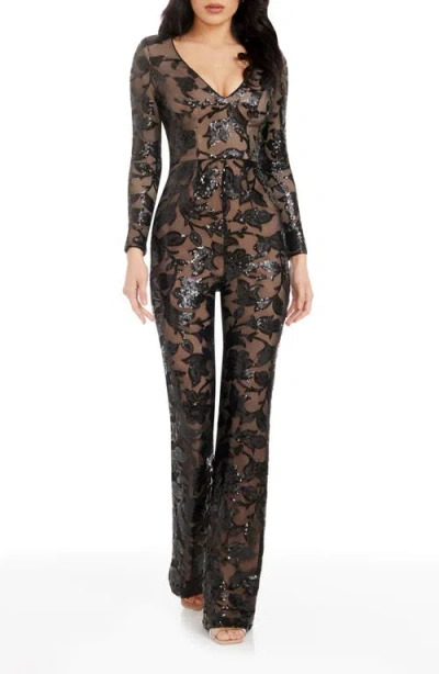 DRESS THE POPULATION DRESS THE POPULATION CARSON SEQUIN FLORAL LONG SLEEVE JUMPSUIT 