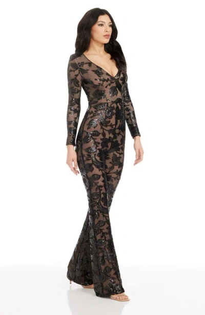 DRESS THE POPULATION DRESS THE POPULATION CARSON SEQUIN FLORAL LONG SLEEVE JUMPSUIT 