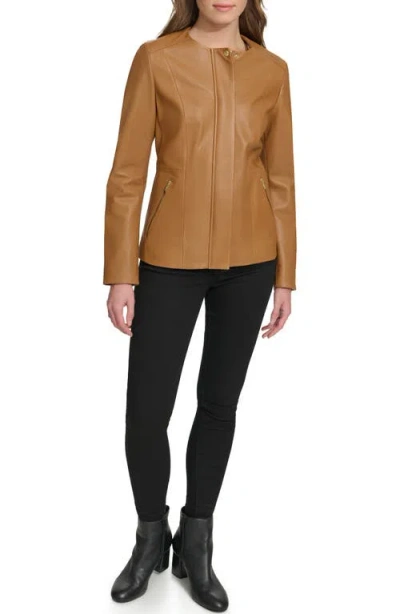 Cole Haan Signature Collarless Leather Jacket In Hazelnut