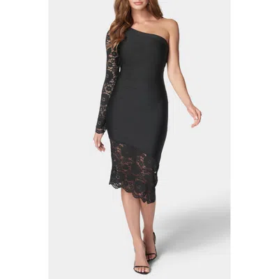 Bebe Lace One Shoulder Bandage Dress In Black