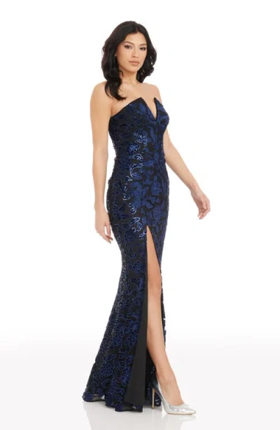 Dress The Population Fernanda Floral Sequin Strapless Evening Gown In Navy-black