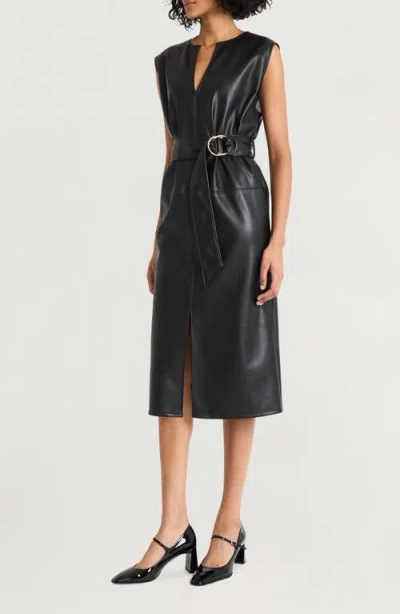 Luxely Faux Leather Belted Midi Dress In Black