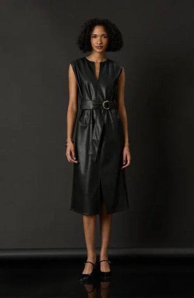 Luxely Faux Leather Belted Midi Dress In Black