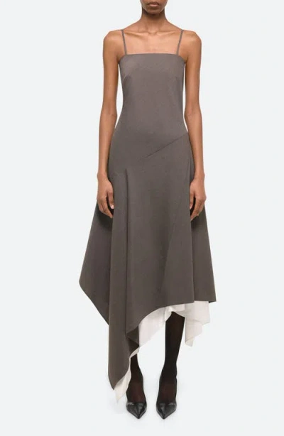 Helmut Lang Asymmetric Layered Wool Midi Dress In Light Brown Melange - 21g