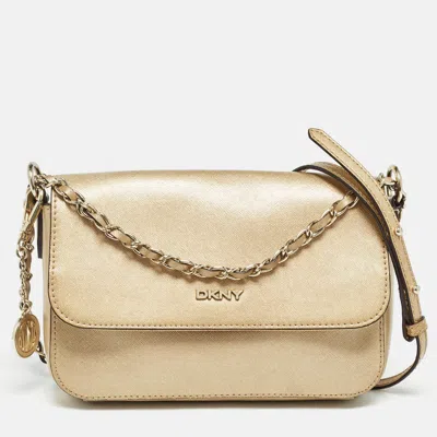 Pre-owned Dkny Gold Leather Logo Flap Crossbody Bag