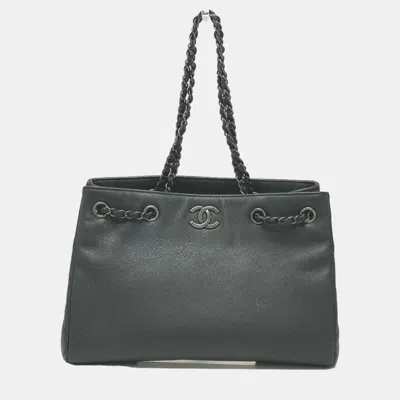 Pre-owned Chanel Black Caviar Large Woven Chain Shopping Tote Bag