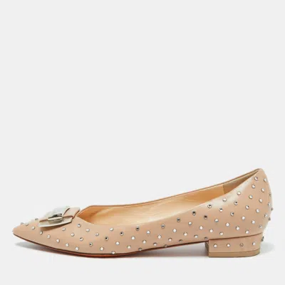 Pre-owned Santoni Beige Leather Crystal Embellished Pointed Toe Buckle Ballet Flats Size 38.5