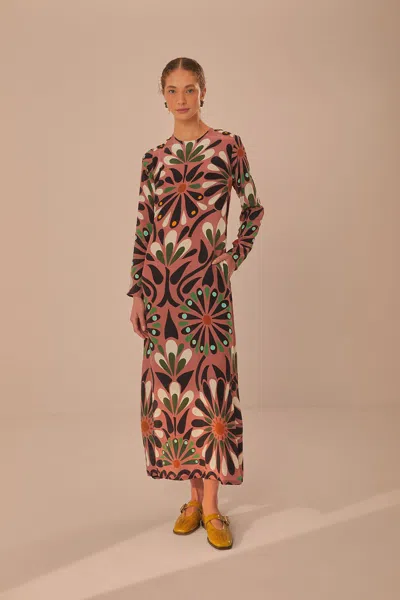 Farm Rio Pink Ainika Flowers Long Sleeve Maxi Dress In Ainika Flowers Pink